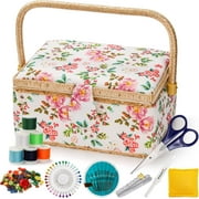 Ihvewuo Sewing Basket with Removable Tray Practical Sewing Basket Organizer with Interior Pocket Portable Sewing Storage Box Stylish Sewing Kit Basket for Needles Thread Tape Measure